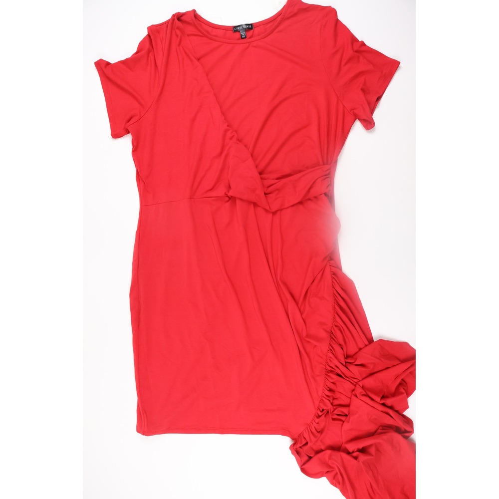 Curvy Sense Dress Asymmetrical Ruffle Faux Wrap 3X Red Party Clubwear
